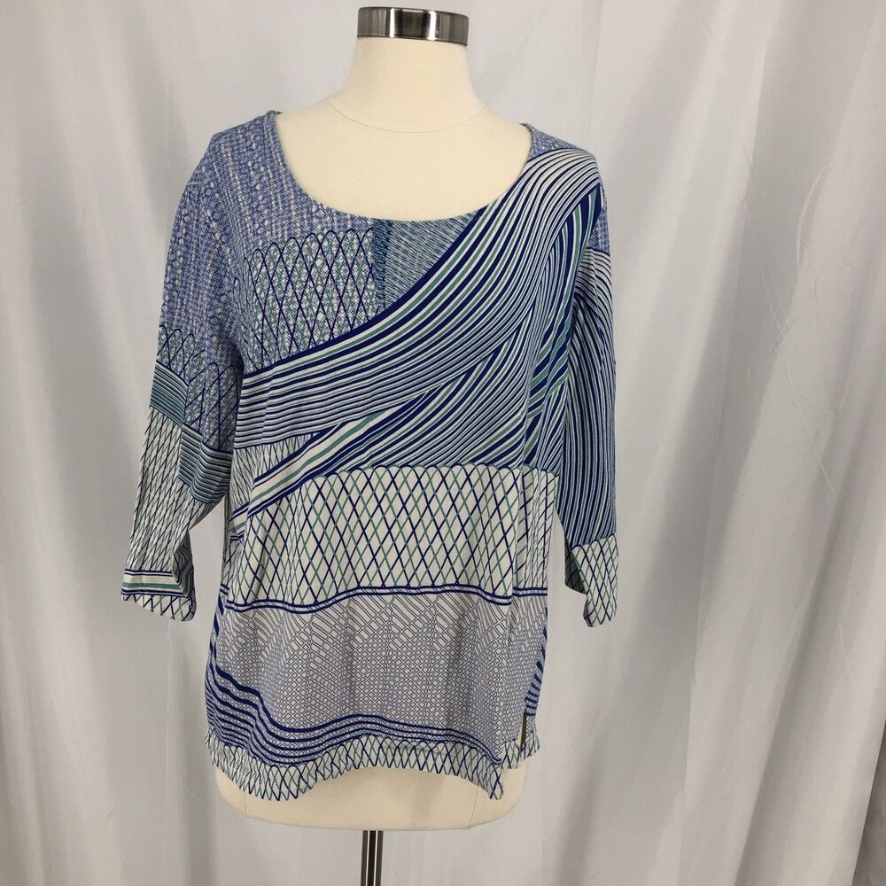 Chicos Blue White Geometric Boat Neck 3/4 Sleeve Cotton Top Size 3 XL